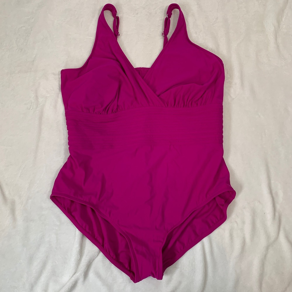 NEW Aqua Green Womens Magenta Pink Ruched Surplice One Piece Swimsuit Size 24